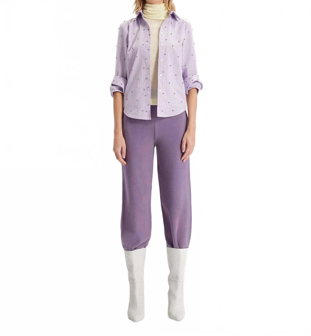 NEW THEO THE LABEL women's echo mix stripe pearly shirt in mauve/gunmetal